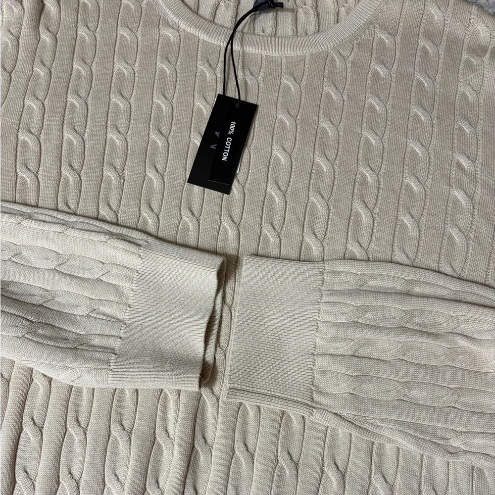 Magaschoni Cable Knit Sweater XXL 100% Cotton Cream Crewneck Lightweight NWT - Picture 3 of 11